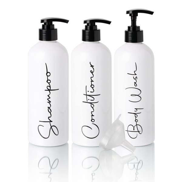 Alora 32oz Reusable Shampoo and Conditioner Bottles - Set of 3 - Permanent Stylish Labels - Pump Bottle Dispenser for Shampoo, Conditioner, Body Wash - Empty Plastic Refillable Containers for Shower