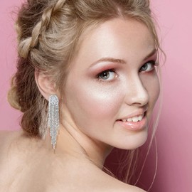 Adramata 4 Pairs Silver Clip on Dangle Earrings for Women Rhinestone Tassle Earrings Angel Wings Sparkly Chandelier Earrings for Brides Bridesmaids Wedding Prom Jewelry Non Pierced(ADC-ZYP-E0186-B)