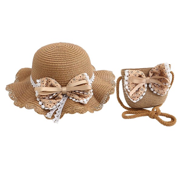 YJZQ Strohhut, Set mit Sonnenhut und Tasche, Strandmütze, Prinzessinnen-Stil, Schleifen,