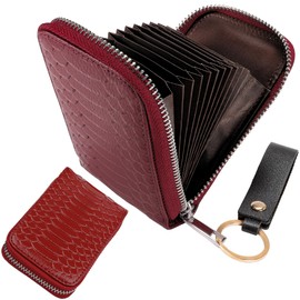Genuine Leather 11 Card Slots Minimalist Zipper Accordion Purse with Key Ring Strap, Snake Pattern Colorful Slim Multi Pockets Zip Around Wallet, Compact Card Organizer (Red)