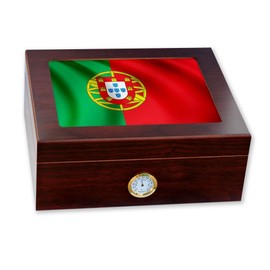 ExpressItBest Premium Desktop Humidor - Glass Top - Flag of Portugal (Portuguese) - Waves Design - Cedar lined with humidifier & front mounted hygrometer.