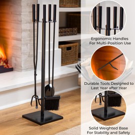 Evergreen 5 Piece Hand Forged Iron Fireplace Tool Set 30" | Black Wrought Iron Handle for Outdoor Indoor | Stand Poker Shovel Brush Log Tongs Wood Stove Accessory