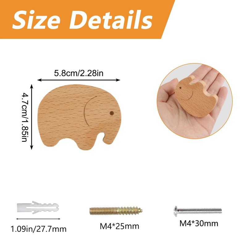 MOROBOR Elephant Shaped Wooden Knobs, 6pcs Single Hole Beech Wood