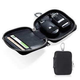 Sanwa Direct 200-CAR074 Genuine Leather Smart Key Case, 2 Smart Keys, Card Storage, External Pocket, Carabiner Hook, Black