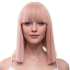 MIPPER 15Inch/40cm Women Colored Bob Wig With Bangs Medium Long Wig Synthetic Wig (Smoke pink)
