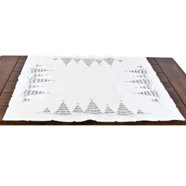 Linens, Art and Things Embroidered Christmas Holiday Snowy Silver Christmas Tree Scene on Ivory Square Table Topper, Small Tablecloth, Table Centerpiece (33 Inch Square)