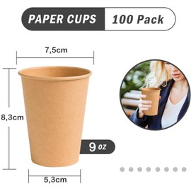 pafnisoin Paper Cups Brown Pack of 100 Coffee Cups Paper Cups 250 ml / 9 oz Disposable Cups Party Cups Reusable Drinking Cups Coffee Cups Cardboard