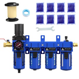 ATINY 3/8" NPT Compressed Air Filter Regulator Lubricator Combo,Air Compressor Dryer Oil Water Separator,Brass Cartridge with Double Desiccant - Gauge(0-150 psi), Poly Bowl, Semi-Auto Drain, Bracket