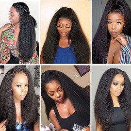 QEUOPE Yaki Straight Human Hair Color 1B Natural Black Kinkystraight Bundles Double Weft Brazilian Hair Extensions Silky and Soft for Black Women (14 16 18 inch 3 Bundles)