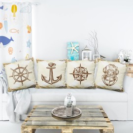 Aoihrraan 20 x 20 Inch Mediterranean Style Cushion Covers Retro Nautical Anchor Rudder Sailing Ship Nostalgic Square Linen Throw Pillow Covers Bedroom Outdoor Garden Sofa Couch, 51x51cm Set of 4