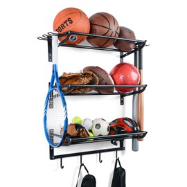 XCSOURCE Sports Equipment Organizer, 3-Tier Ball Storage Rack with Bat & Racket Holders, Wall Mounted Garage Sports Gear Storage Shelf with 4 Hooks for Balls, Helmets & Accessories (Matte Black)
