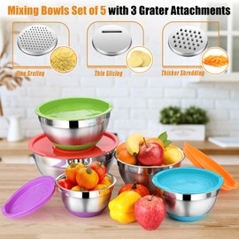 P&P CHEF 5 Piece Mixing Bowls with Lids, Stainless Steel Mixing Nesting Bowl Set for Storing Serving, 3 Grater Attachments & Non-Slip Bottoms, Size 1/1.5/2 / 2.6/4.6 QT, Colorful
