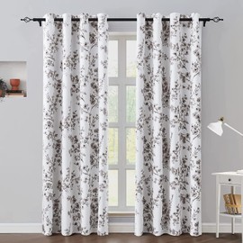 HOMEIDEAS Floral Blackout Curtains 84 Inches Long Grey Farmhouse Room Darkening Flower Taupe Grommet Curtains for Living Room/Bedroom 2 Panels