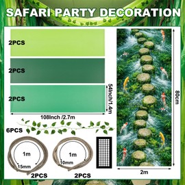 Juinte 17 Pcs Jungle Party Decorations Safari Tropical Rainforest Decor Artificial Vines Leaves Pothos Vines Jungle Floor Runner Tropical Safari Party Decor for Hawaiian Backdrop Indoor Outdoor