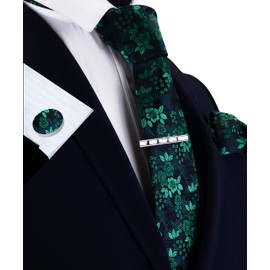 Green Floral Ties for Men Fashion Silk Tie Cyan Necktie Clip and Pocket Square Cufflinks Sets (6102-22)