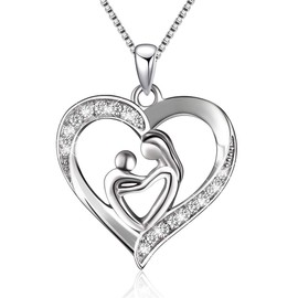 BVELA 925 Sterling Silver Mother's Embrace Mother and Child Love Heart Pendant Necklace for Women Mom Mother's Day Gifts Jewelry