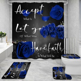 4 Pcs Blue Rose Shower Curtain Sets with Non-Slip Rug, Toilet Lid Cover and Bath Mat, Thankful Grateful Blessed Black Blue Retro Elegant Shower Curtain Valentine's Day Bathroom Set(Hooks Not Included)
