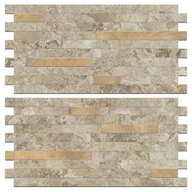 STICKGOO 2 Sheets Peel and Stick Backsplash Tile, Stick on Backsplash for Kitchen and Bathroom, Stone Beige Marble Look PVC Mixed Metal Gold Self Adhesive Wall Tiles