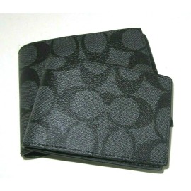 Coach F74993 Men's Compact ID Signature PVC Wallet Charcoal & Black NWT $178