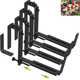 Y&M Window Box Brackets, Heavy Duty Iron Adjustable Planter Flower Box Brackets for Railings, Perfect for Balconies, Fences, and Gardens（4 Packs）