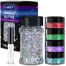 Holographic Chunky Glitter 50g Silver+8g*4 Body Glitter with Multi-shapes Red+Green+Magic Purple+Turquoise Sparkle Glitter for Body Face Eye Hair Makeup Glitter for Resin Project+Quick Dry Makeup Glue