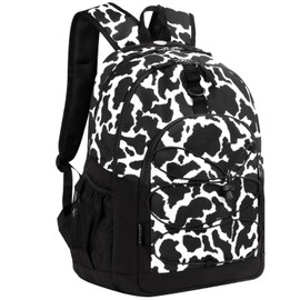 Choco Mocha Black Backpack for Teen Girls, Cow Pattern School Backpack Travel Bookbag 18 Inch for Teenager Girls