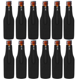 Wegitcs Beer Bottle Cooler Sleeves, Standard Zip-up Extra Thick Neoprene Insulated Sleeve-Keep Beer Cold and Hands Warm, Non-slip 12 OZ Longneck Bottle Holder with Bottle Opener (Black, 12 Pack)