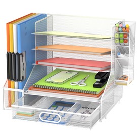 DALTACK Mesh Desk Organizer, 5-Tier Paper Letter Tray with File Holder & Pen Holder & Sliding Drawer, Desktop Organizer and Storage for Desk Accessories Office Supplies, White
