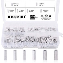 Hilitchi 300 Pcs 6 Sizes Single Barrel Crimp Sleeves for Fishing Line Aluminum Crimp Sleeves Connector Kit for Fishing Line for 1.0, 1.2, 1.4, 1.6, 1.8, 2mm Fishing Wire Dia.