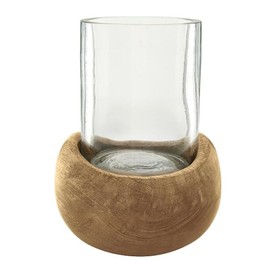 47th & Main Mango Wood and Glass Hurricane Candleholder, Medium 6" Tall x 4.5" Diameter