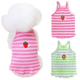 Yaopelky 2 Pieces Small Medium Dogs Summer Clothes Dog Striped Shirt Cute Flower Strawberry Embroidery Vest Pet Outfit for Chihuahua Yorkie Teddy (Pink-Green, M)