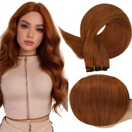 Full Shine Copper Hair Extensions Sew In Weft Hair Extensions Human Hair For Women Sew In Hair Extensions Color Copper Weft Extensions Soft Silky Hair Machine Tied Weft Hair Extensions 14 Inch 100G