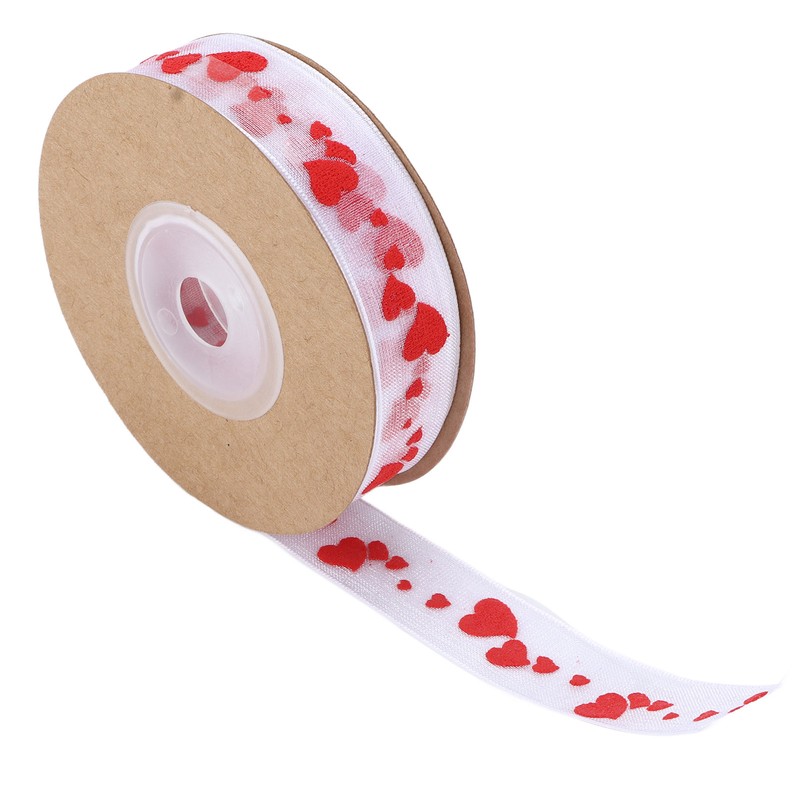 2pcs Red Ribbon 1.5cm/0.6in Wide Heart Pattern Packaging Ribbons DIY