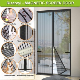 Risareyi Magnetic Screen Door Heavy Duty, Front Door Screen Magnetic Closure Thicken Tear-Resistant Mesh Keep Bugs Out, Black - Net Curtain Itself Size 34" x 75"