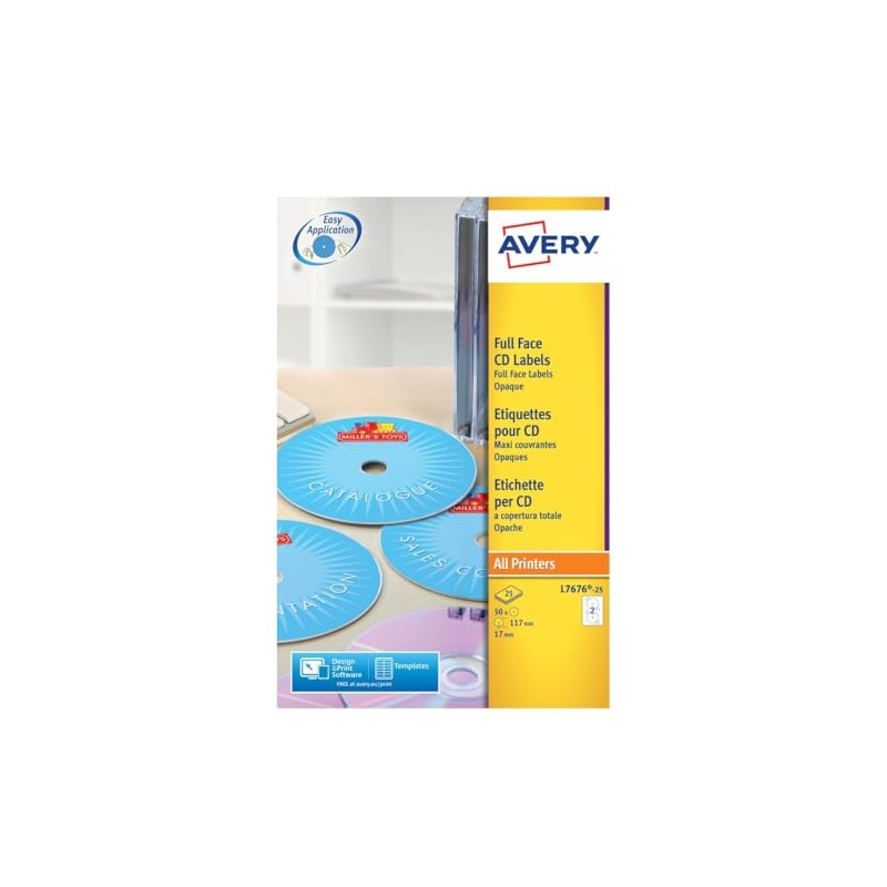 Avery L7676-25 Printable, Customisable Full Face CD Labels, 2 Labels