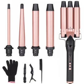 UNOBEY 5 in 1 Curling Wand Set, Three Barrel Curling Iron Set with 3 Barrel Curling Iron and 4 Interchangeable Ceramic Curling Wand(0.5”-1.25”), Fast Heating, Include Glove & 2 Clips