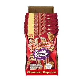 Popcornopolis Double Drizzle 6 ct, 2 oz Case, Caramel and Kettle with Chocolatey Stripes Flavored Indulgent Popcorn