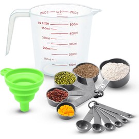 13 PCS Cucharas Medidoras y Tazas Medidoras, con Embudo Plegable (Gris) Set de Tazas y Cucharas Medidoras con Mangos, Apilables, Herramientas de Medición de Cocina para Medir Líquidos y Condimento