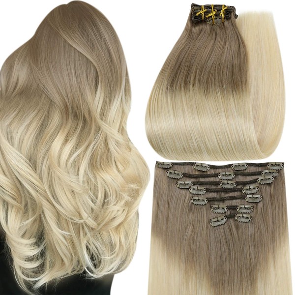 Full Shine Ombre Clip in Hair Extensions Blonde 14 Inch Remy Hair Extensions Clip in Human Hair Chestnut Brown 6 to 613 Bleached Clip in Human Hair Extensions Thick Hair 100 Gram 7Pcs