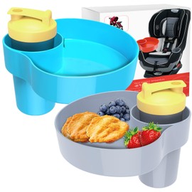 Kids Car Seat Snack Tray, Travel Snack Tray for Kids Car Seat with Cup Holder, 2PCS Toddlers Road Trip Essential Travel Snacks Food Plate Tray Gray&Blue