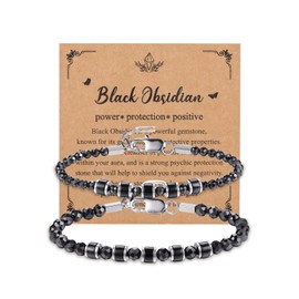 JSDDE Set of 2 Obsidian Bracelet Set Gemstone Partner Bracelets Couple Bracelet Friendship Bracelet Lucky Charm Jewellery for Men and Women, Gemstone, Obsidian