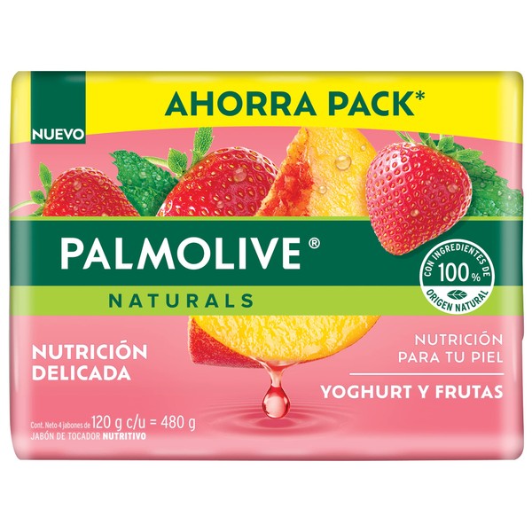 Jabón en Barra Palmolive Naturals, Nutrición Delicada, Yogurt y Frutas 4 piezas de 120g, paquete contiene 480g