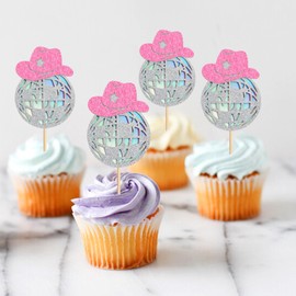 Cyodoos 24 Sparkling Disco Ball Cowboy Hat Cupcake Topper Western Disco Ball Paper Cupcake Topper Selection Birthday Disco 2000s Theme Party Single Women's Birthday Party Supplies Pink