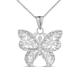 Elegant Sterling Silver Filigree & Sparkle-Cut Butterfly Charm Pendant Necklace, 18"