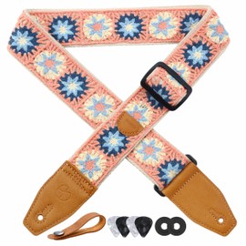 YIKOKO Guitar Strap 2 inch Floral Cotton Guitar Straps with Full Grain Leather End, for Bass, Electric and Acoustic Guitars, Free Strap Button, Strap Locks and Guitar Picks