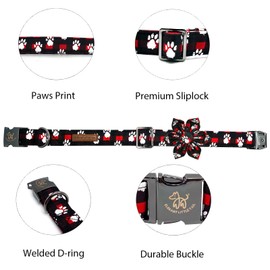 Elegant little tail Christmas Dog Collar, Paws Print Pet Collar Dogs Holiday Collars with Flower Black Cute Winter Boy Girl Puppy Flower Adjustable Pet Collars for X-Large Dogs