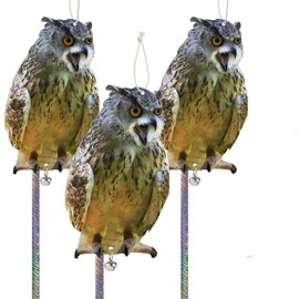 Kungfu Mall 3PCS Fake Owl to Keep Woodpecker Away from House Tree Hanging Flat Garden Owl with Reflective Tape Plastic Owl to Scare Pigeon Squirrel for Balcony Outdoor Yard Window Patio Porch