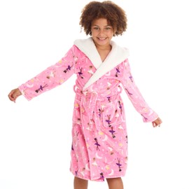 Metzuyan Kids Girls Plush Fleece Dressing Gowns with Sherpa Fleece Hood Lining Novelty Pink Balerina Dancer 7-8 Years