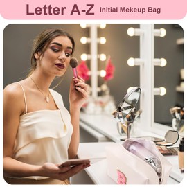 Preppy Large Makeup Bag-Customized Initial PU Leather Travel Cosmetic Bag,Ideal for Storing Makeup,Toiletries,and More,Gift for Women,Girlfriends,and Girls（Pearly White-Pink, N）