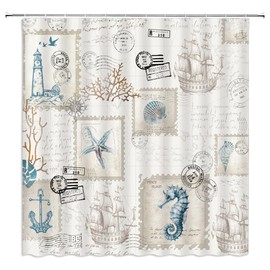 Nautical Coastal Shower Curtain Vintage Sailboat Compass Lighthouse Anchor Ocean Beach Seahorse Seashell Starfish Coral Bathroom Decor Polyester Fabric Curtains with Hook 70Wx70H Inches